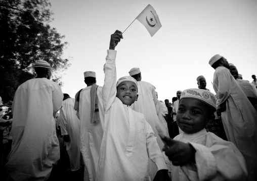 Muslim men celebrating the Maulid festival, Lamu County, Lamu, Kenya