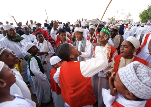 Muslim men celebrating the Maulid festival, Lamu County, Lamu, Kenya