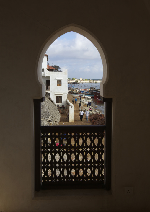 View of seashore through swahili style window, Lamu County, Lamu, Kenya