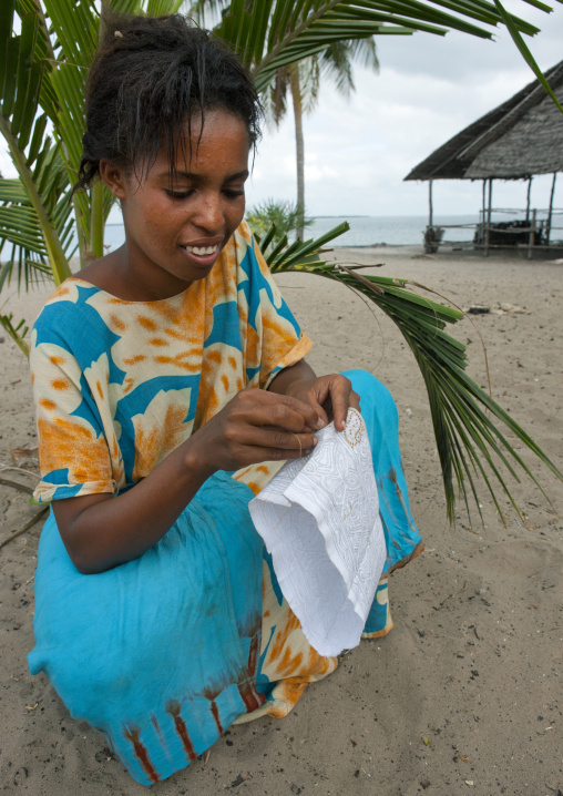 Swahili woman sewing a kofia, Lamu County, Lamu, Kenya