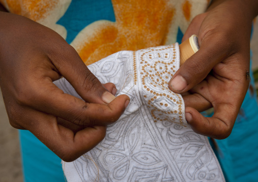 Swahili woman sewing a kofia, Lamu County, Lamu, Kenya