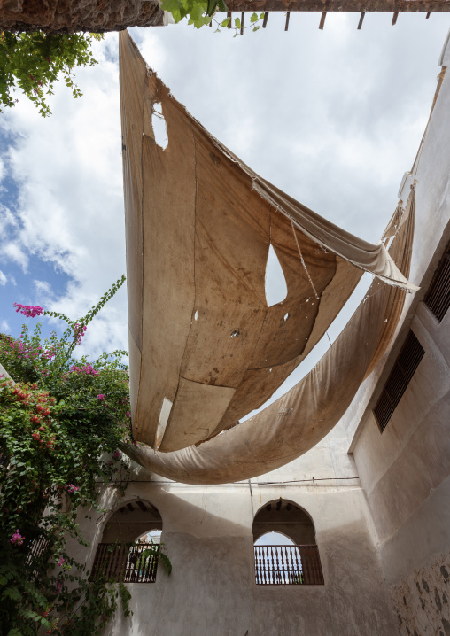 Dhow sail used to make shade in a house, Lamu County, Shela, Kenya
