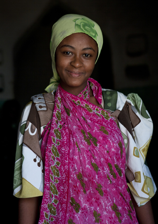 Portrait of a woman with colorful clothing, Lamu County, Pate Island, Kenya