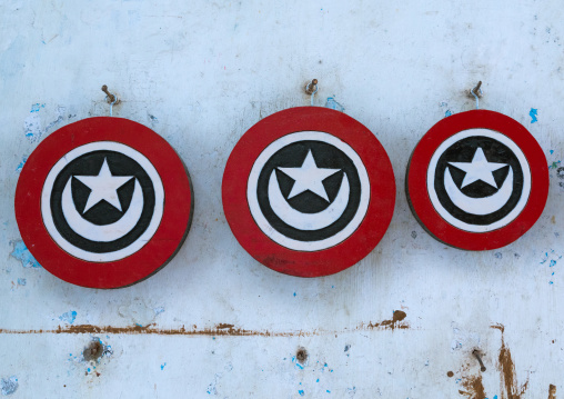 Carved crescent and star dhow eyes to help the boat to see rocks, Lamu county, Lamu town, Kenya