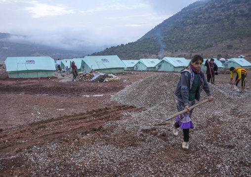 Yezedi Refugees Displaced From Sinjar Making A New Road In A Camp, Lalesh Temple, Kurdistan, Iraq