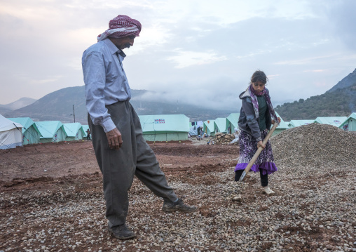 Yezedi Refugees Displaced From Sinjar Making A New Road In A Camp, Lalesh Temple, Kurdistan, Iraq