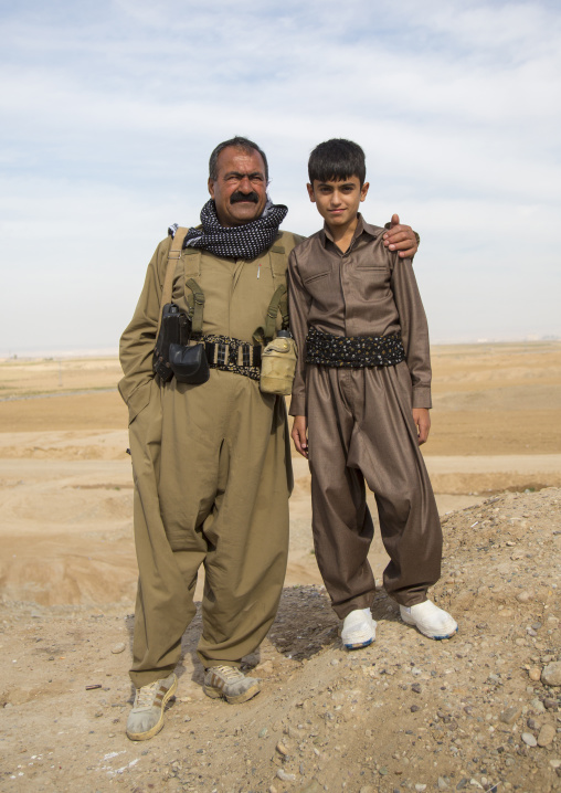 Kurdish General And His Son On The Frontline, Kirkuk, Kurdistan, Iraq