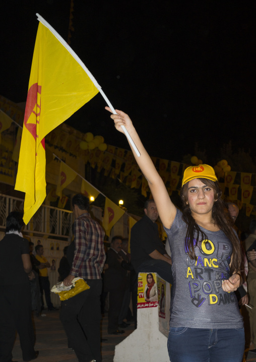 Girl Holding A Flag During A Kdp Meeting, Suleymanyah, Kurdistan, Iraq