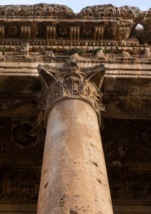 Temple of Bacchus pillar in the archaeological site, Beqaa Governorate, Baalbek, Lebanon