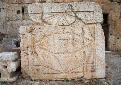 Carved stone in the archaeological site, Beqaa Governorate, Baalbek, Lebanon