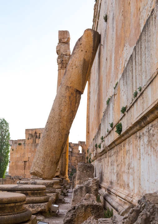 A column stands on the wall of the Jupiter temple after an earthquake, Beqaa Governorate, Baalbek, Lebanon