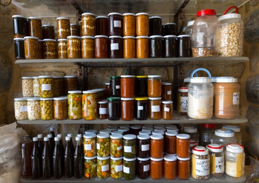 Store of pots of jam of different flavors and honey, South Governorate, Jezzine, Lebanon