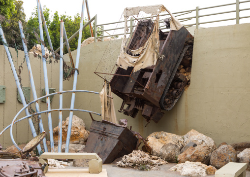 Israeli tank in the war museum operated by Hezbollah called the tourist landmark of the resistance or museum for resistance tourism, South Governorate, Mleeta, Lebanon