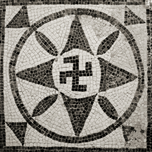 Old roman mosaic with a swastika cross, Tripolitania, Sabratha, Libya