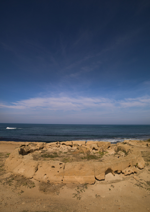 Ruins of the temple of isis in front of the sea, Tripolitania, Sabratha, Libya