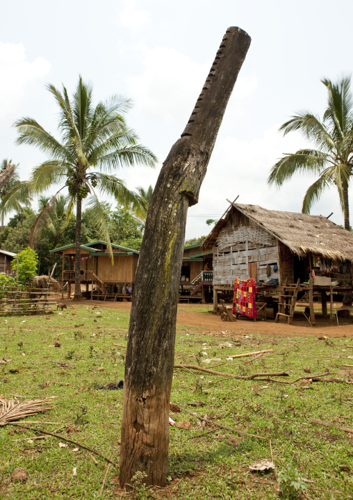 Alak minority sacrifice crocodile pillar, Boloven, Laos