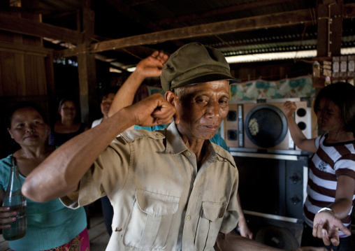 Drunk alak people dancing during a wedding, Boloven, Laos