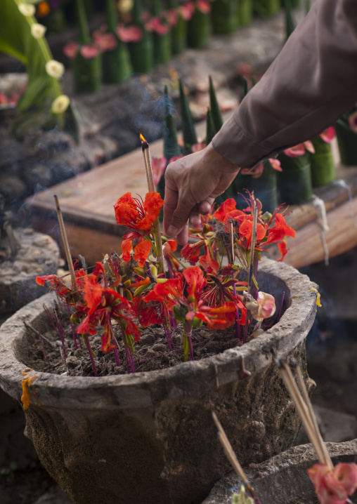 Flower tributes at wat phu, Champasak, Laos