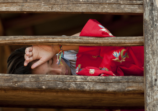 Akha minority woman sleeping, Muang sing, Laos