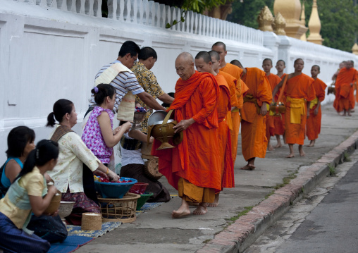 Lao buddhist monks collecting alms, Luang prabang, Laos