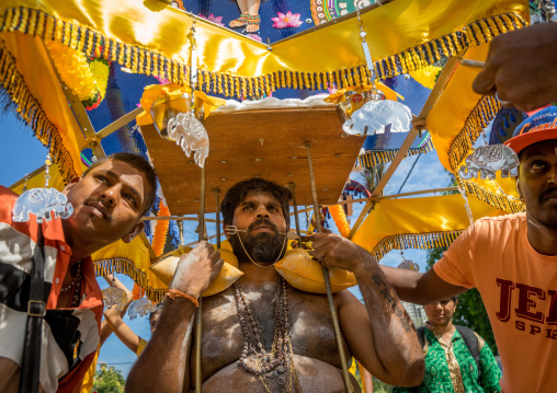 Devotee Kavadi Bearer With Tongue Piercing At Thaipusam Hindu Religious Festival In Batu Caves, Southeast Asia, Kuala Lumpur, Malaysia