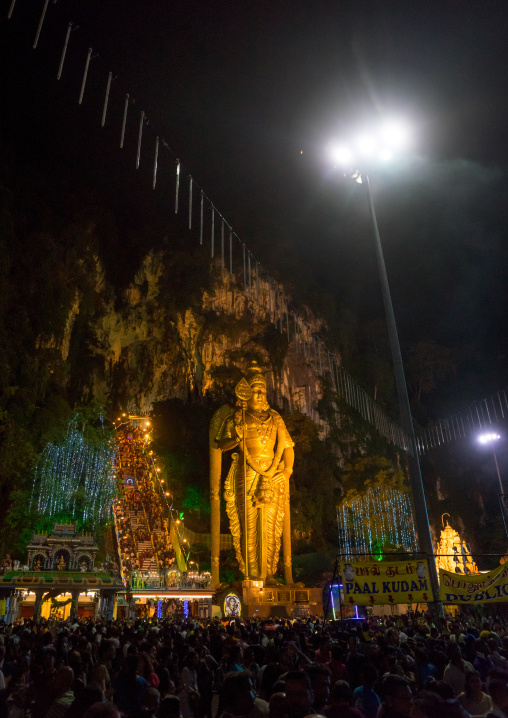 Murugan Statue At Night During The Thaipusam Hindu Festival At Batu Caves, Southeast Asia, Kuala Lumpur, Malaysia