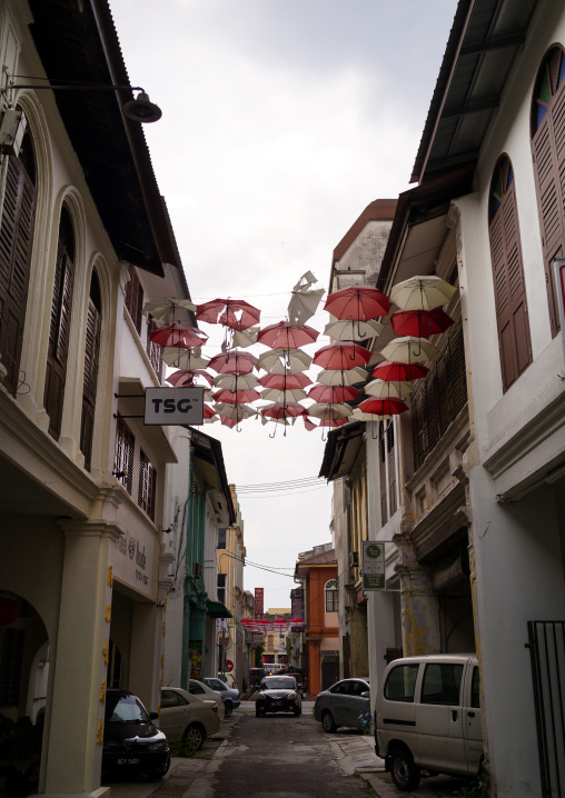 Red And White Umbrellas Above Street, Perak State, Ipoh, Malaysia