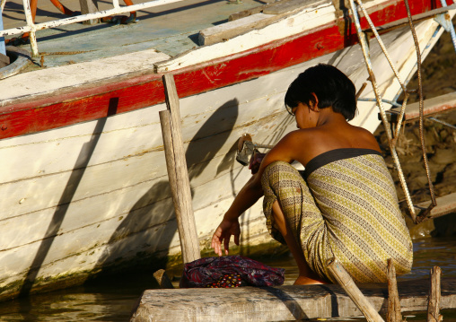 Women Taking Bath On Irrawaddy River Banks, Myanmar
