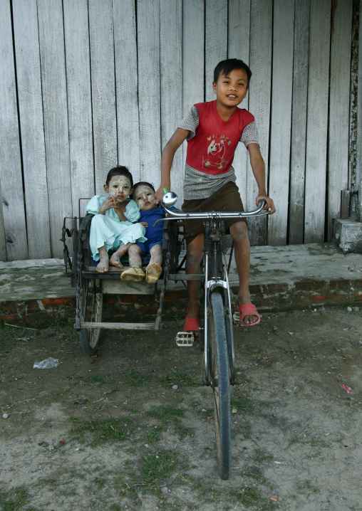 Kids Playing With A Rickshaw, Ngapali, Myanmar
