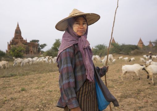 Sheperd Woman In Front Of An Old Temple, Bagan, Myanmar
