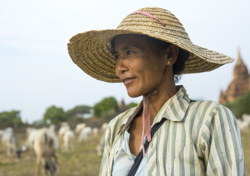 Sheperd Woman In Front Of An Old Temple, Bagan, Myanmar