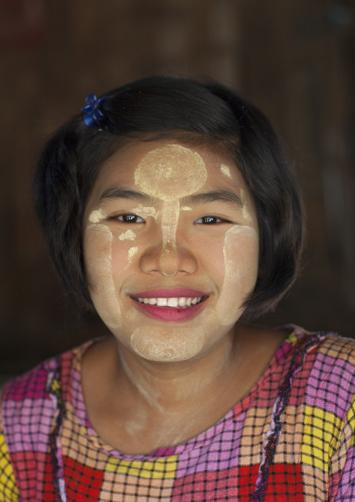 Smiling Burmese Girl With Thanaka On The Face, Mrauk U, Myanmar