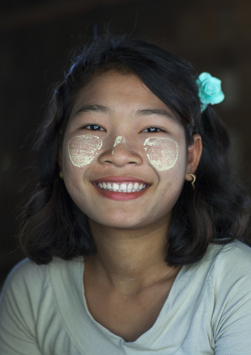 Smiling Burmese Girl With Thanaka On The Face, Mrauk U, Myanmar