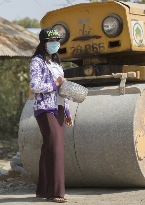 Woman Asking For Donations On The Road For A New Temple, Ngapali, Myanmar