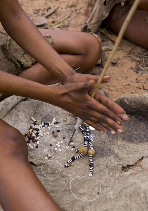 Bushman Women Making Necklaces With Ostrich Egg Shell, Tsumkwe, Namibia