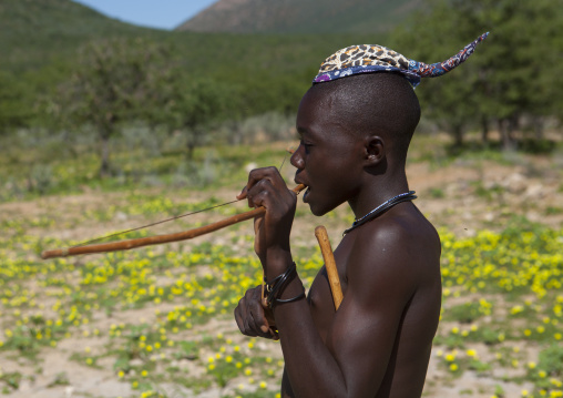 Himba Man Playing Bow Instrument, Epupa, Namibia