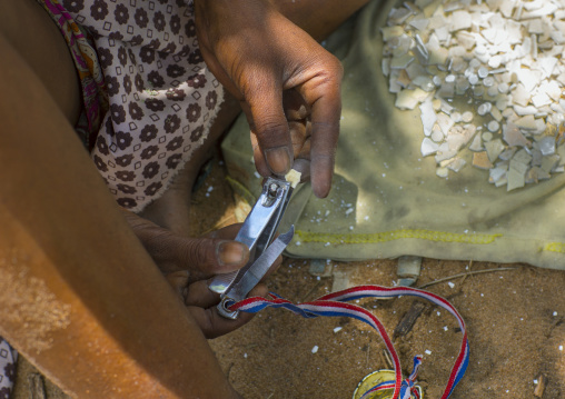 Bushman Women Making Necklaces With Ostrich Egg Shell, Tsumkwe, Namibia
