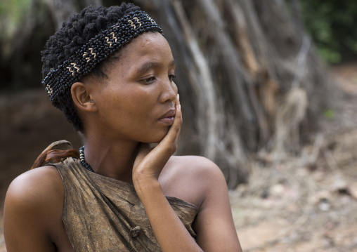 Bushman Woman With Beaded Traditional Headdress, Tsumkwe, Namibia, Tsumkwe, Namibia