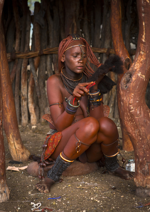 Himba Woman Taking Care Of Her Hair, Epupa, Namibia