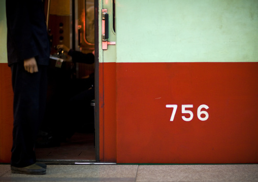 North Korean driver of a train in the subway, Pyongan Province, Pyongyang, North Korea