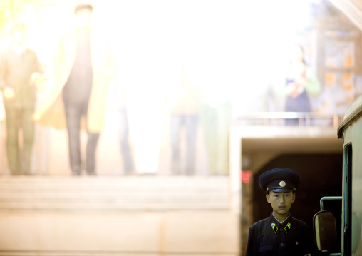 Subway employee in puhung metro station, Pyongan Province, Pyongyang, North Korea