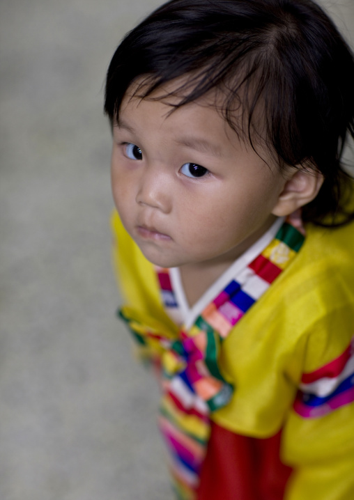 North Korean girl in traditional choson-ot, Pyongan Province, Pyongyang, North Korea