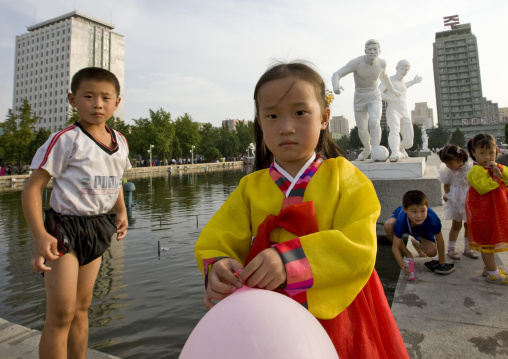 North Korean children playing in the street, Pyongan Province, Pyongyang, North Korea