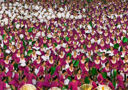 North Korean gymnasts performing during the Arirang mass games in may day stadium, Pyongan Province, Pyongyang, North Korea