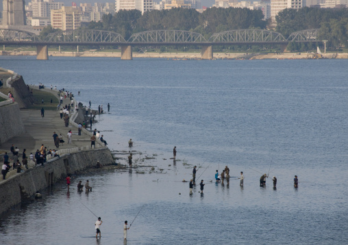 North Korean people fishing in Taedong river on sunday, Pyongan Province, Pyongyang, North Korea