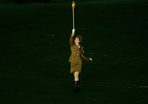 Sexy North Korean women dressed as soldiers dancing with swords during the Arirang mass games in may day stadium, Pyongan Province, Pyongyang, North Korea