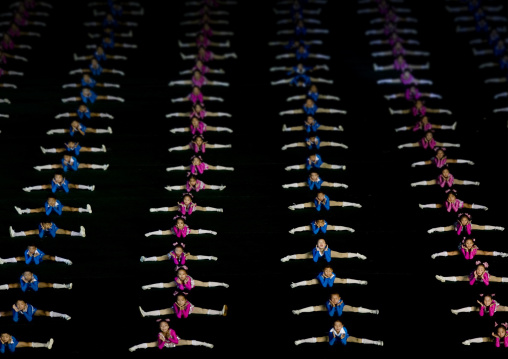 North Korean gymnasts children performing during the Arirang mass games in may day stadium, Pyongan Province, Pyongyang, North Korea