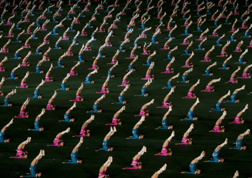 North Korean gymnasts performing during the Arirang mass games in may day stadium, Pyongan Province, Pyongyang, North Korea