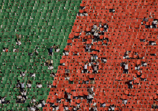 Children pixels holding up colored boards during Arirang mass games in may day stadium, Pyongan Province, Pyongyang, North Korea