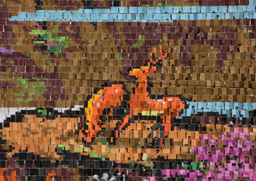 Deers made by human pixels holding up colored boards during Arirang mass games in may day stadium, Pyongan Province, Pyongyang, North Korea